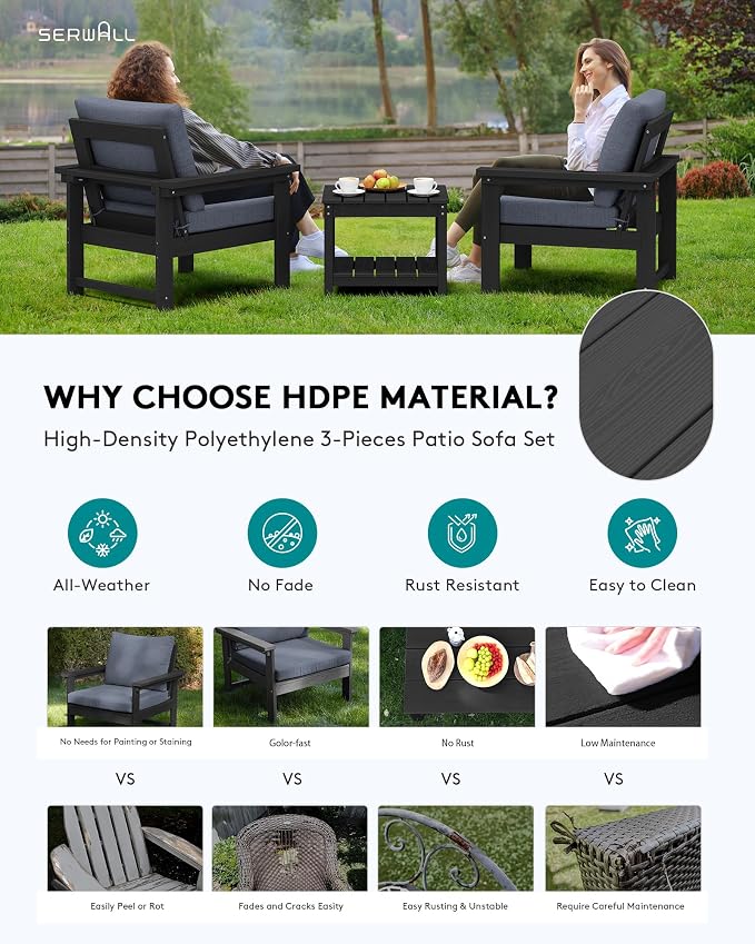 SERWALL HDPE Patio Sofa Set, 3-piece Sectional Outdoor Furniture Set, All - Image 3