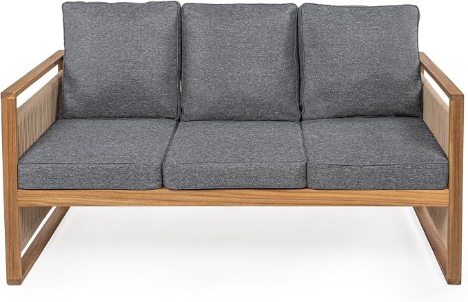 JONATHAN Y SFB1002B Gable 3-Seat Mid-Century Modern Roped Acacia Wood Outdoor - Image 9