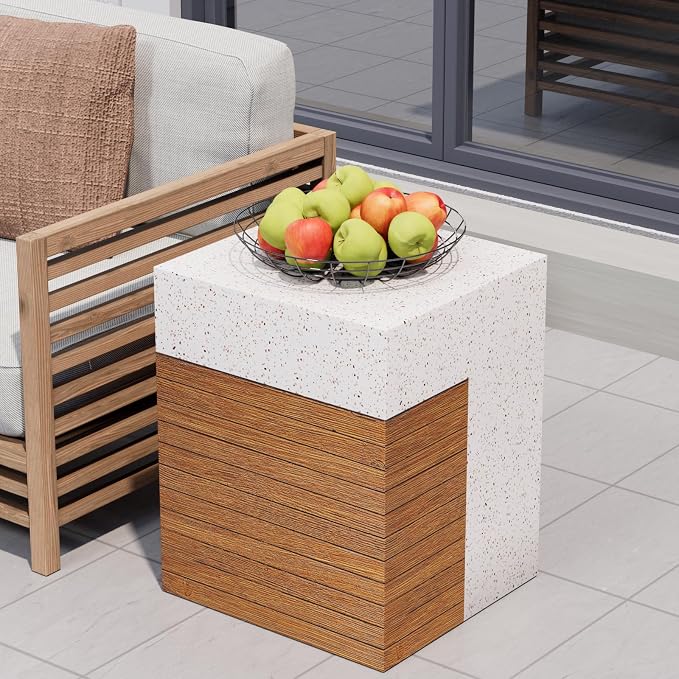 COSIEST Concrete Side Table, Rectangular Outdoor End Table w Faux Wood Design by COSIEST