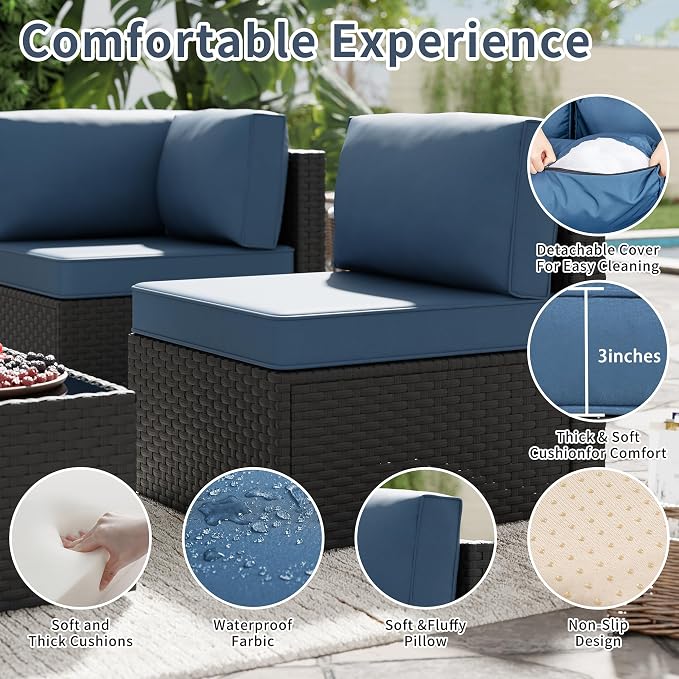 SUNLEI 5 Piece Patio Furniture Sets, Low Back All-Weather Rattan Sectional Sofa - Image 3