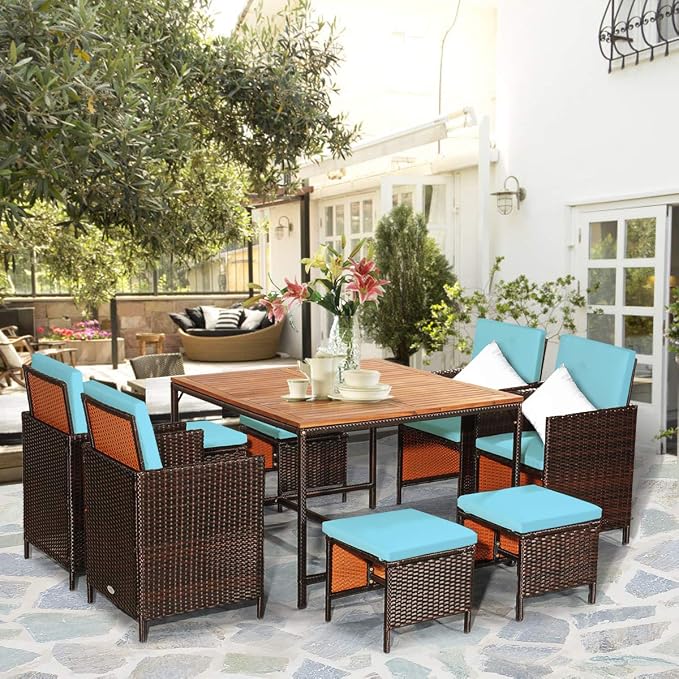 Tangkula 9 Pieces Acacia Wood Patio Dining Set, Space Saving Wicker Chairs and - Image 3