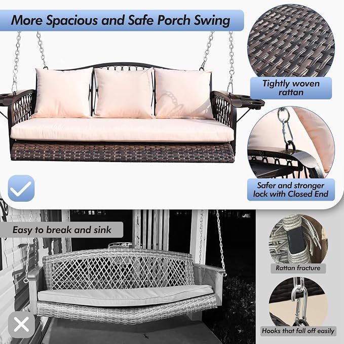Wicker Porch Swing Heavy Duty 900 LBS 3-Seat Outdoor Patio Swing Chair - Image 2