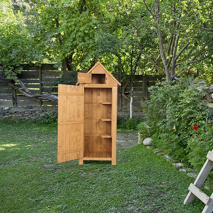 Outvita Outdoor Storage Cabinet, 70in Wooden Vertical Garden Tools Shed - Image 4