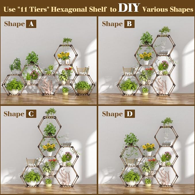 Tikea - Hexagonal Plant Stand Indoor Outdoor Large 11 Tiered Wooden Plant Shelf - Image 6