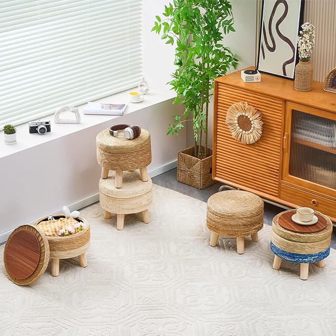 Cpintltr Storage Ottoman Poufs Handwoven Footstool Natural Seagrass Round - Image 2