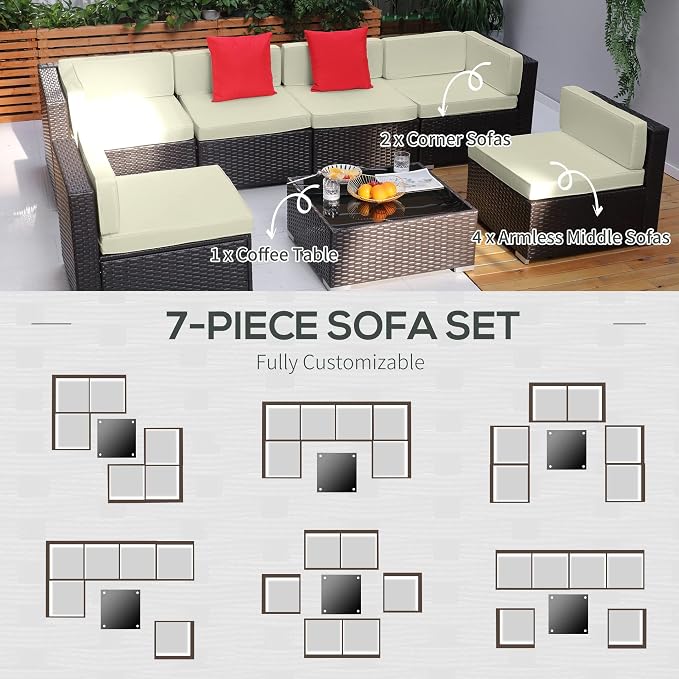 Outsunny 7 Piece Patio Furniture Set, Wicker Outdoor Sectional Sofa Set - Image 5