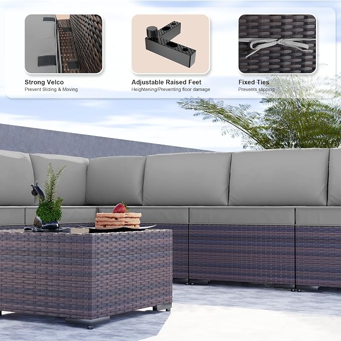 Kullavik 9 Pieces Outdoor Patio Furniture Set PE Wicker Rattan Sectional Sofa - Image 3