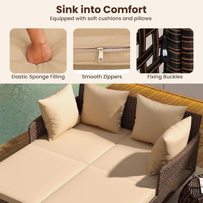 Tangkula Outdoor Rattan Double Daybed, Boho Wicker Chaise Lounge - Image 8