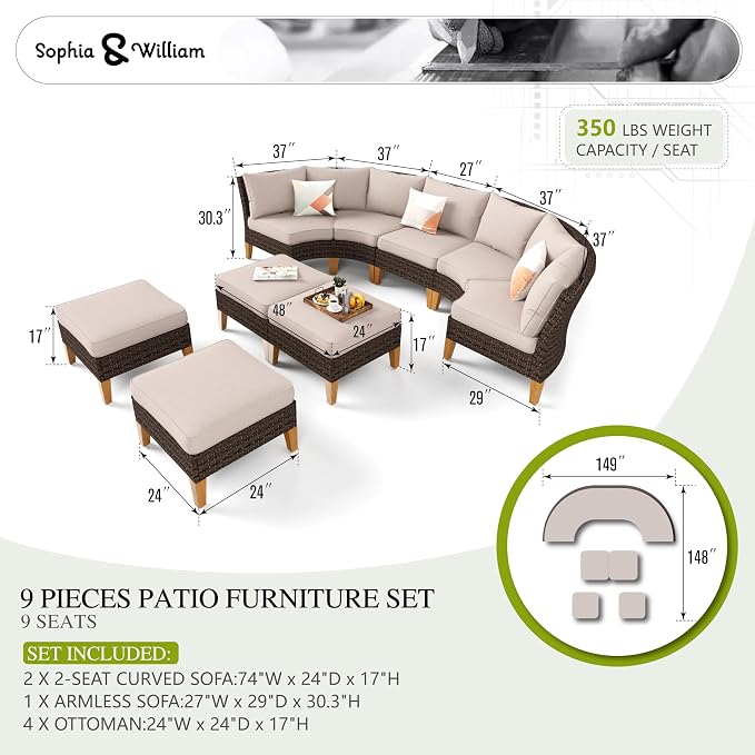Sophia & William Large Half-Moon Outdoor Patio Furniture Set 9 Piece High Back - Image 7