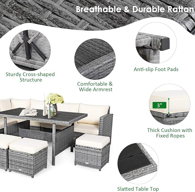 Tangkula 7 Pieces Patio Furniture Set, Outdoor Sectional Rattan Dining Sofa Set - Image 6