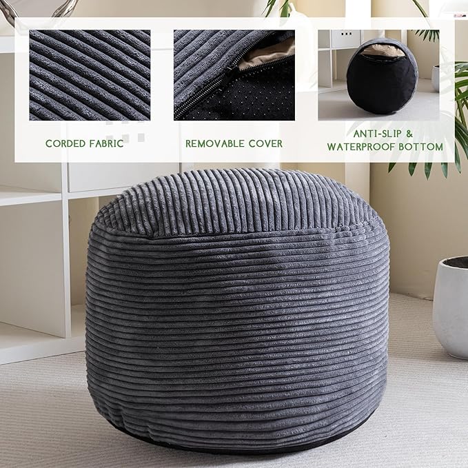 HIGOGOGO Round Stuffed Pouf Ottoman, Corduroy Poufs - Image 3