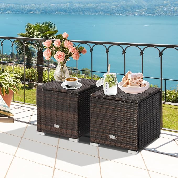 Tangkula 2 Pieces Patio Ottomans, Patiojoy Hand-Woven PE Rattan Side Table - Image 3
