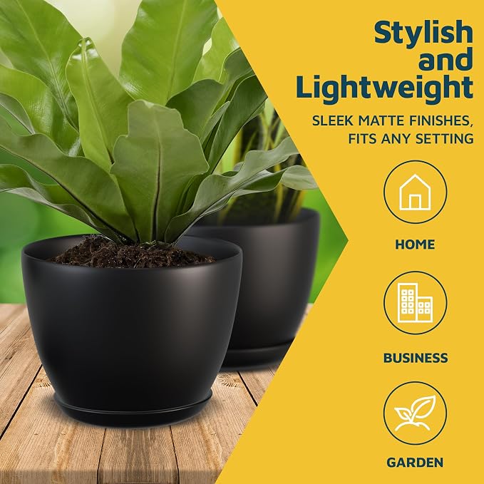 Black Plant Pots with Drainage Holes & Saucers 3 Pack, Indoor & Outdoor - Image 3