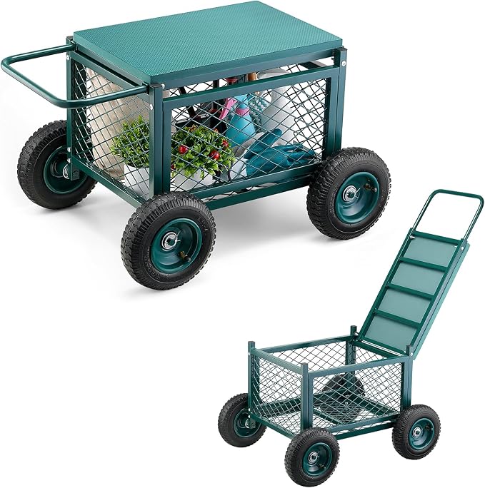 VEVOR Rolling Garden Cart with Seat, Metal Rolling Garden Work Seat with Wheels by VEVOR