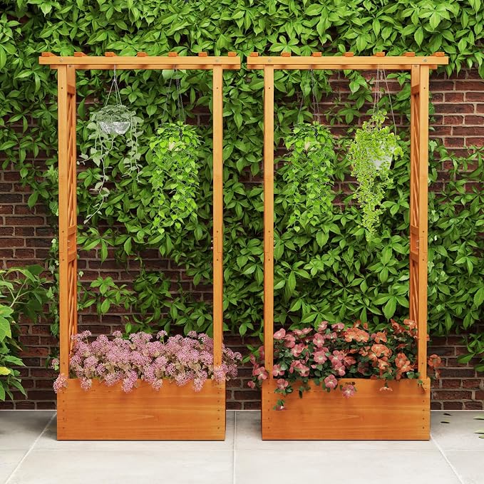 Giantex Raised Garden Bed with 2-Sided Trellis & Hanging Roof, Fir Wood Planter - Image 8