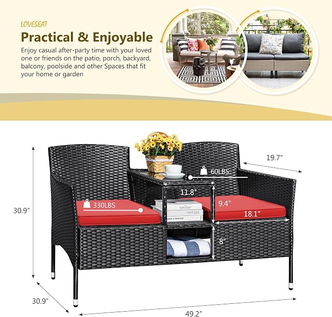 Devoko Outdoor Patio Loveseat Modern Rattan 2-Seat Patio Conversation Set - Image 6