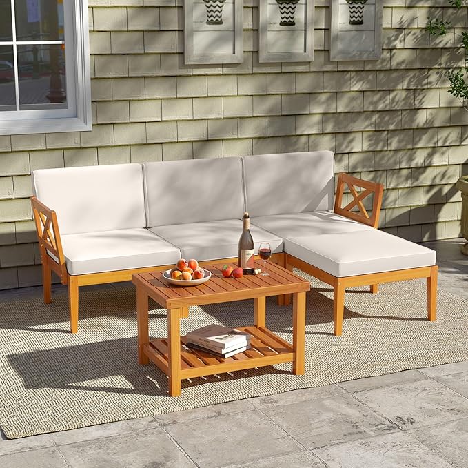 Tangkula L Shaped Outdoor Furniture Set, 5 Pieces Acacia Wood Patio - Image 4
