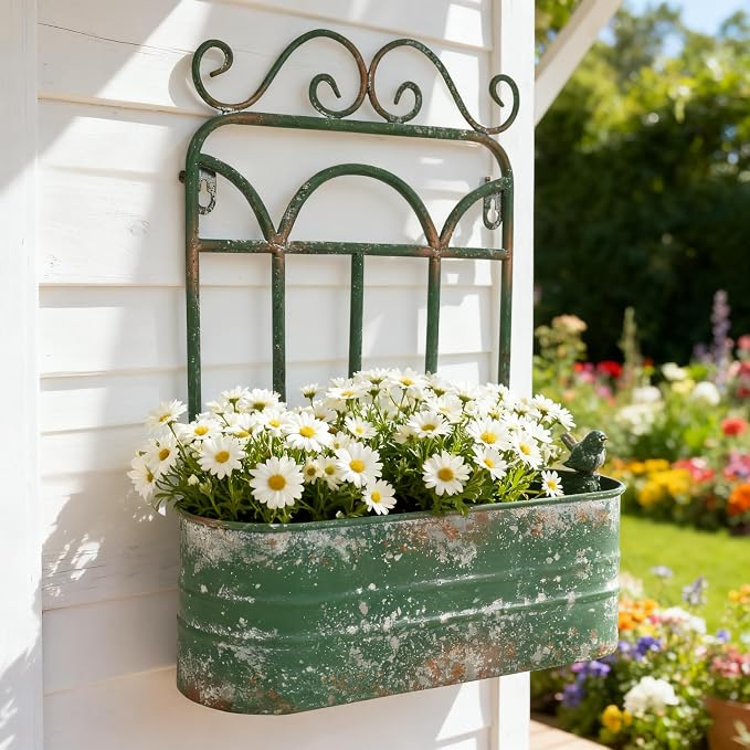 Rustic Metal Wall Planter Vintage Wall Mounted Flower Pot Distressed Wall - Image 5