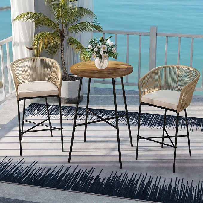 Tangkula 3 Pieces Rope Woven Patio Bar Set, Outdoor High Table and Chairs Set - Image 9