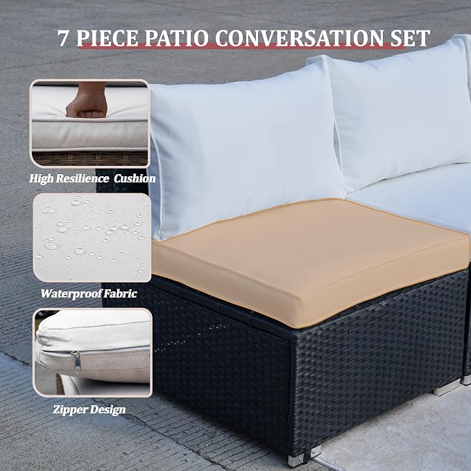 7 Piece Outdoor Patio Furniture Sets, Outdoor Wicker Conversatin Set w Glass - Image 4