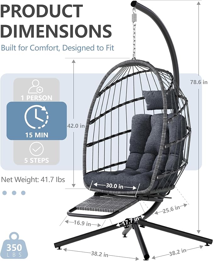 SWITTE Egg Chair Outdoor with Footrest & Stand, Indoor Wicker Hanging Egg Swing - Image 3