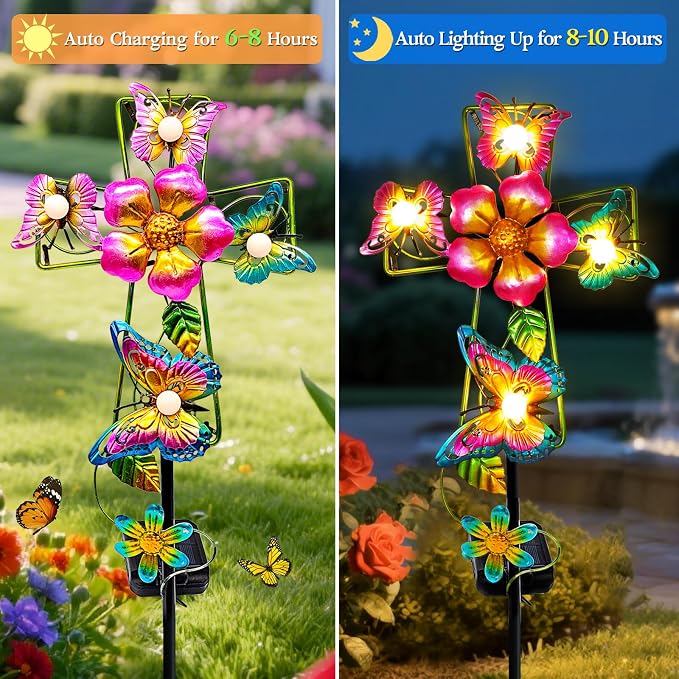 Solar Butterfly Cross Garden Stake Light, Metal Cross Cemetery Decorations - Image 2