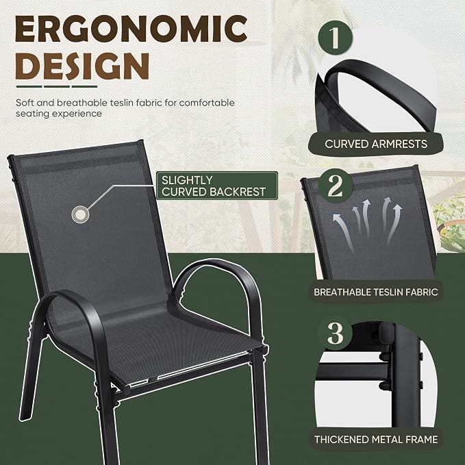 Flamaker Patio Chairs Stackable Dining Chairs Set of 4 Metal and Teslin Outdoor - Image 4