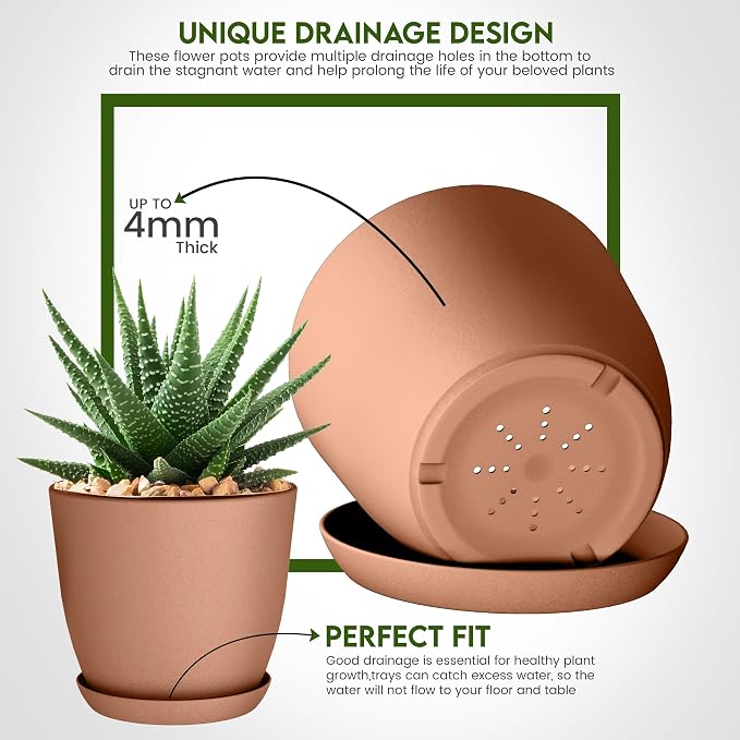 Utopia Home - Plastic Terracotta Pots - 7/6.6/6/5.3/4.8 Inches Flower Pots - Image 4