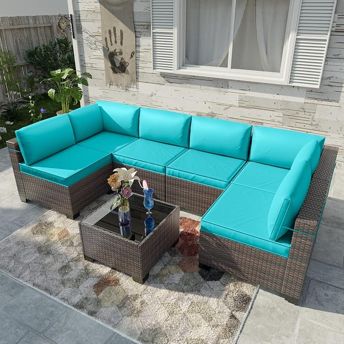 Kullavik 7 Pieces Outdoor Patio Furniture Set, Sectional Rattan Sofa Set Brown - Image 2