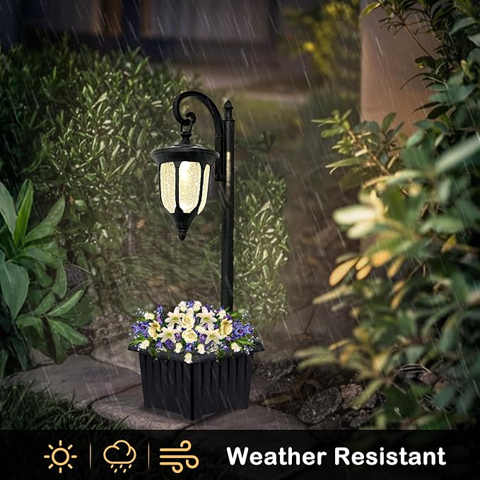 Solar Lamp Post Light with Planter, Outdoor Solar Lights with Crackle Glass - Image 2