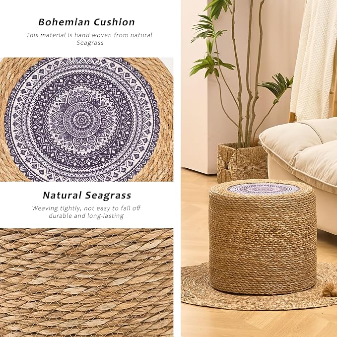 Handwoven Ottoman Pouf, Natural Seagrass Footstool, Round Braided Outdoor Seat - Image 4