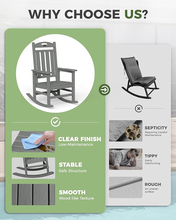 Oversized Outdoor Rocking Chair Set of 4, High Back Porch Rocker Chair - Image 8