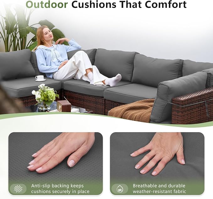Patio Furniture Sets with Waterproof Cover, 7 Pieces Outdoor Rattan Sectional - Image 7