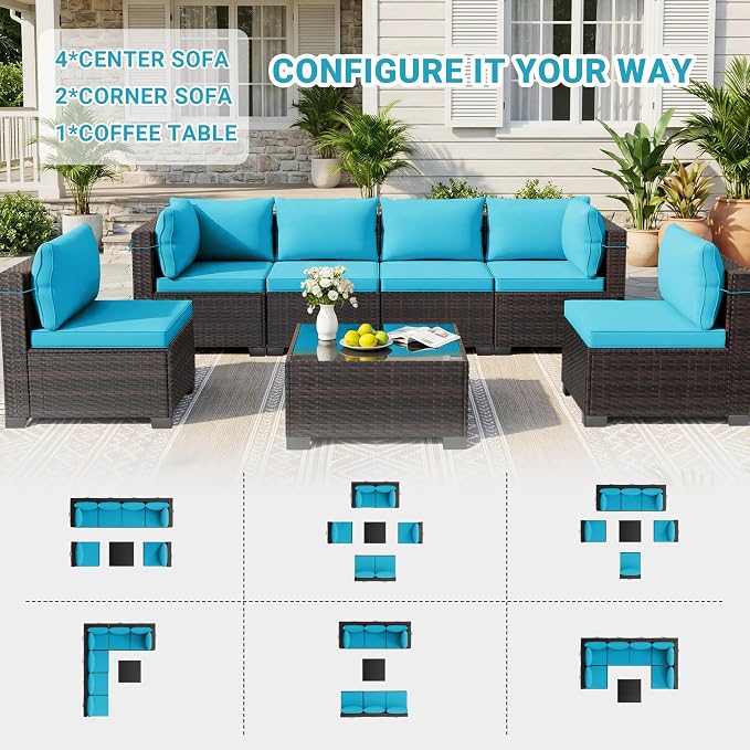 LEVELEVE 7 Pieces Outdoor Patio Furniture Sets, Rattan Conversation Sectional - Image 3