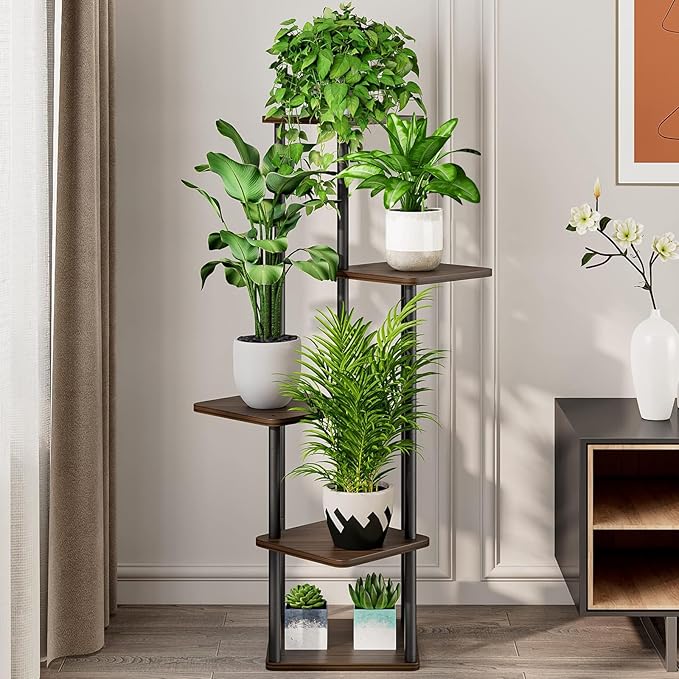 5 Tier Wood Tall Plant Stand Metal Rack Indoor, Planter Shelf Display Rack - Image 4