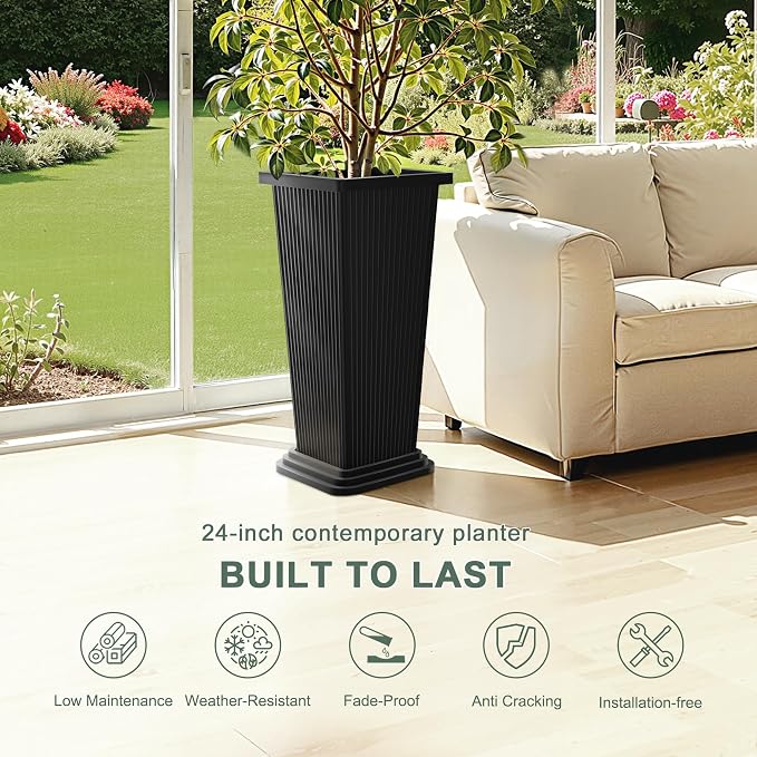 Tall Black Planters Outdoor Set of 2, Large Outdoor Tall Planters Pots - Image 3