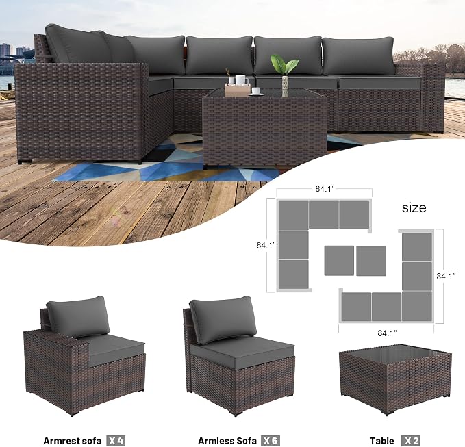 Kullavik Outdoor Patio Furniture Set, 12 Pieces Sectional Rattan Sofa Set Brown - Image 6