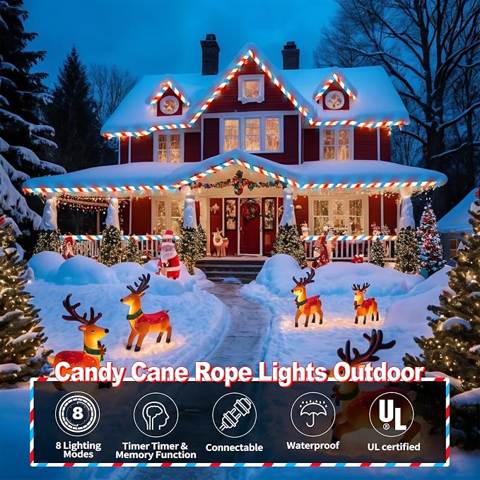 Jnaurb Christmas Candy Cane Lights, 66ft 480 LED Connectable White & Red & Blue - Image 2