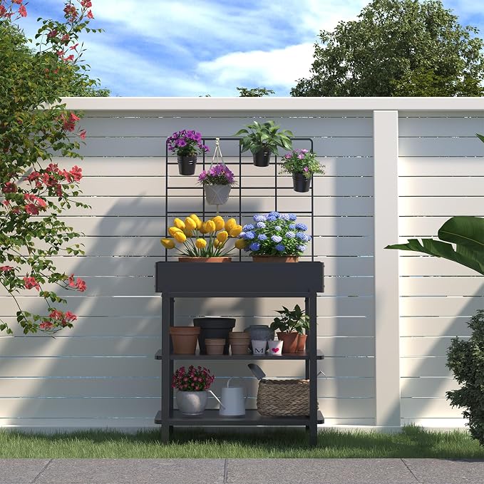 Metal Raised Garden Bed with Trellis & 2-Tier Storage Shelf, Elevated Planter - Image 8