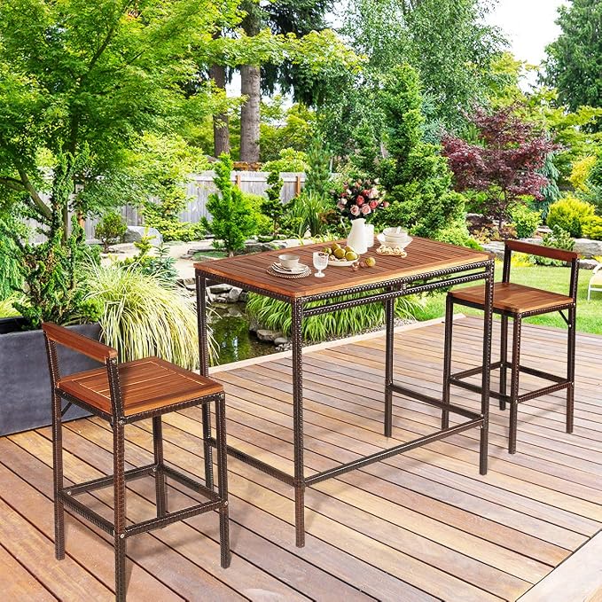HAPPYGRILL 3 Pieces Outdoor Wicker Rattan Bar Set, Acacia Wood Patio Dining - Image 2