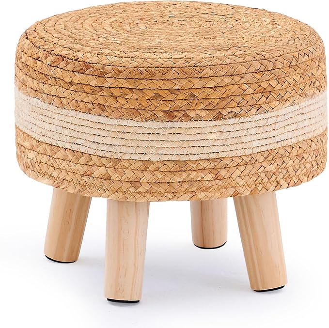 Handwoven Round Ottoman, Natural Water Hyacinth Outdoor Patio Pouf Seagrass Low by LGENHOOMHandwovenNaturalWaterHyacinthBasket