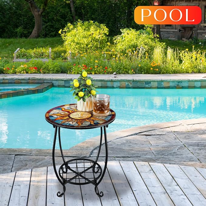 Outdoor Side Table Round Small Mosaic Patio Accent Indoor End Plant Coffee Tea - Image 5