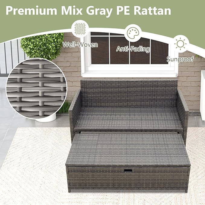 Tangkula Outdoor Rattan Daybed, Wicker Loveseat & 31 Gallon Storage Ottoman - Image 5