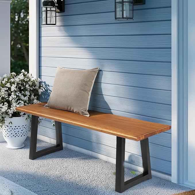 VINGLI Outdoor Bench with Metal Legs Rustic, Wood Dining Bench Indoor Outdoor - Image 2