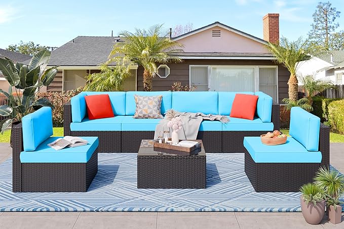 Vongrasig 7 Pieces Outdoor Patio Furniture Sets, Outdoor Sectional Rattan Sofa by Vongrasig
