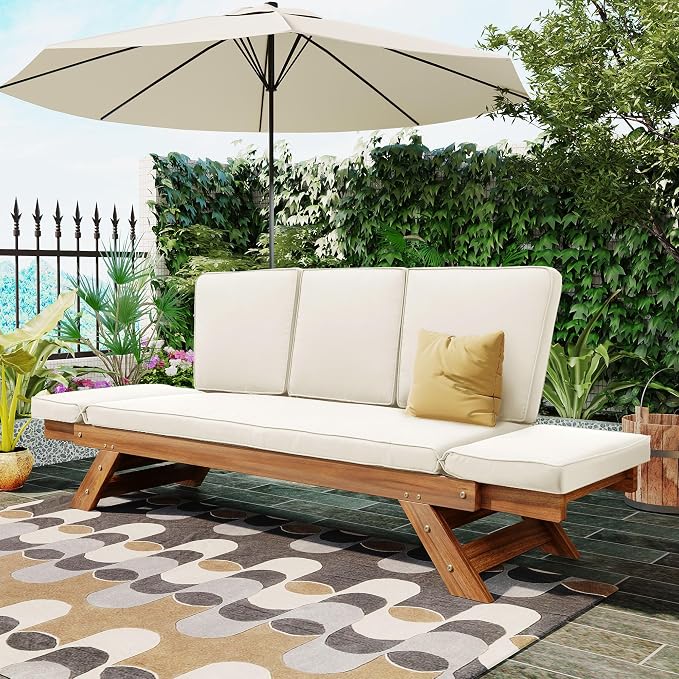Merax Patio Sofa, Outdoor Adjustable Wooden Daybed, Chaise Lounge - Image 3