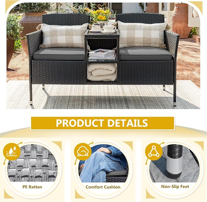 Devoko Outdoor Patio Loveseat Modern Rattan 2-Seat Patio Conversation Set - Image 4