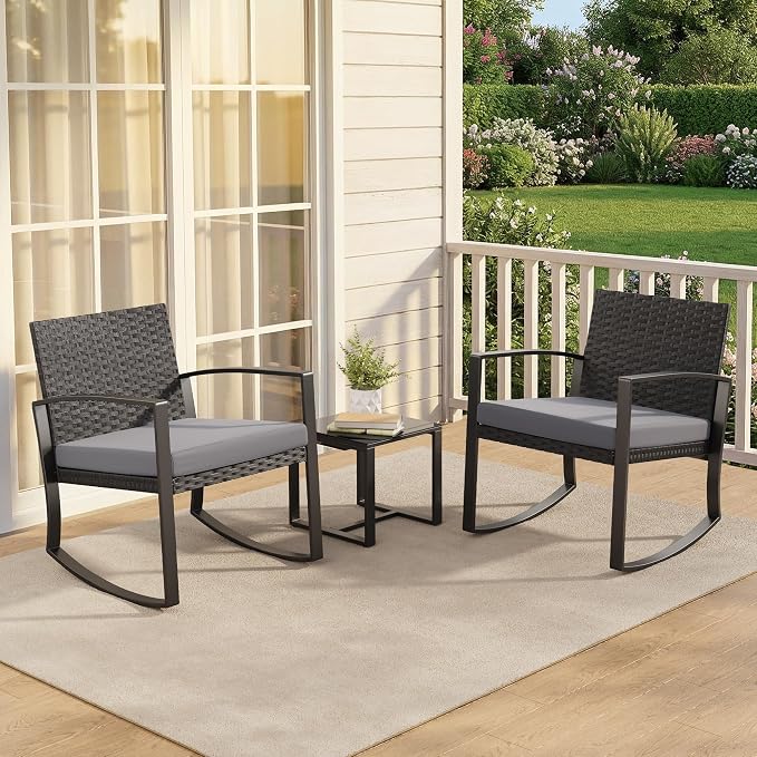 3 Pieces Outdoor Patio Furniture Set Rocking Bistro Set Outdoor Rattan - Image 8