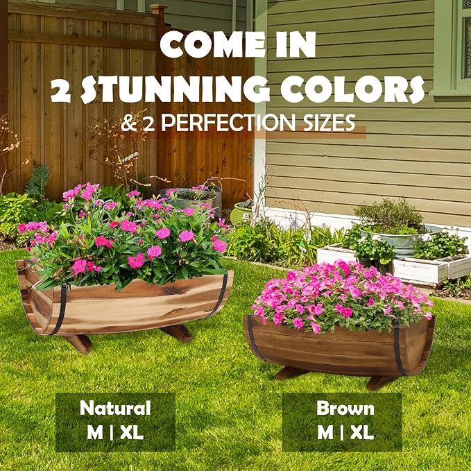 IDZO Solid Acacia Wood Half Barrel Planters Outdoor Set of 2 Different Sizes - Image 6