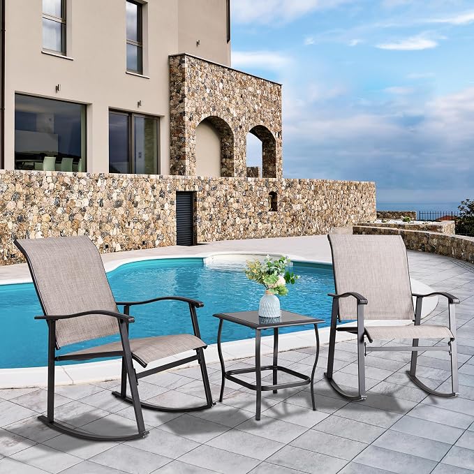 Vongrasig 3 Piece Outdoor Rocking Bistro Set, Textilene Fabric Small Patio - Image 2